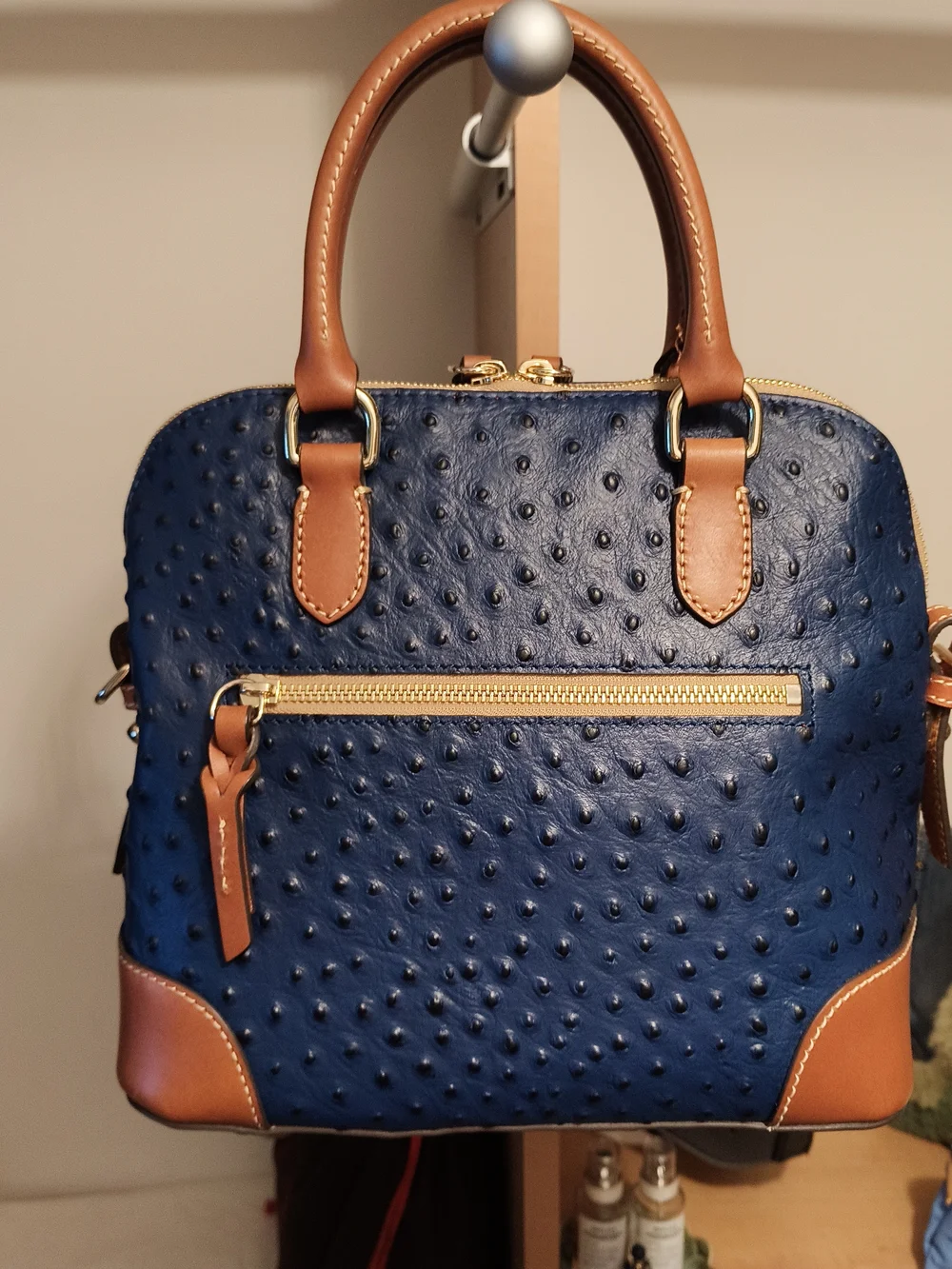 Dooney & Bourke Navy Ostrich-Embossed Satchel with Brown Trim